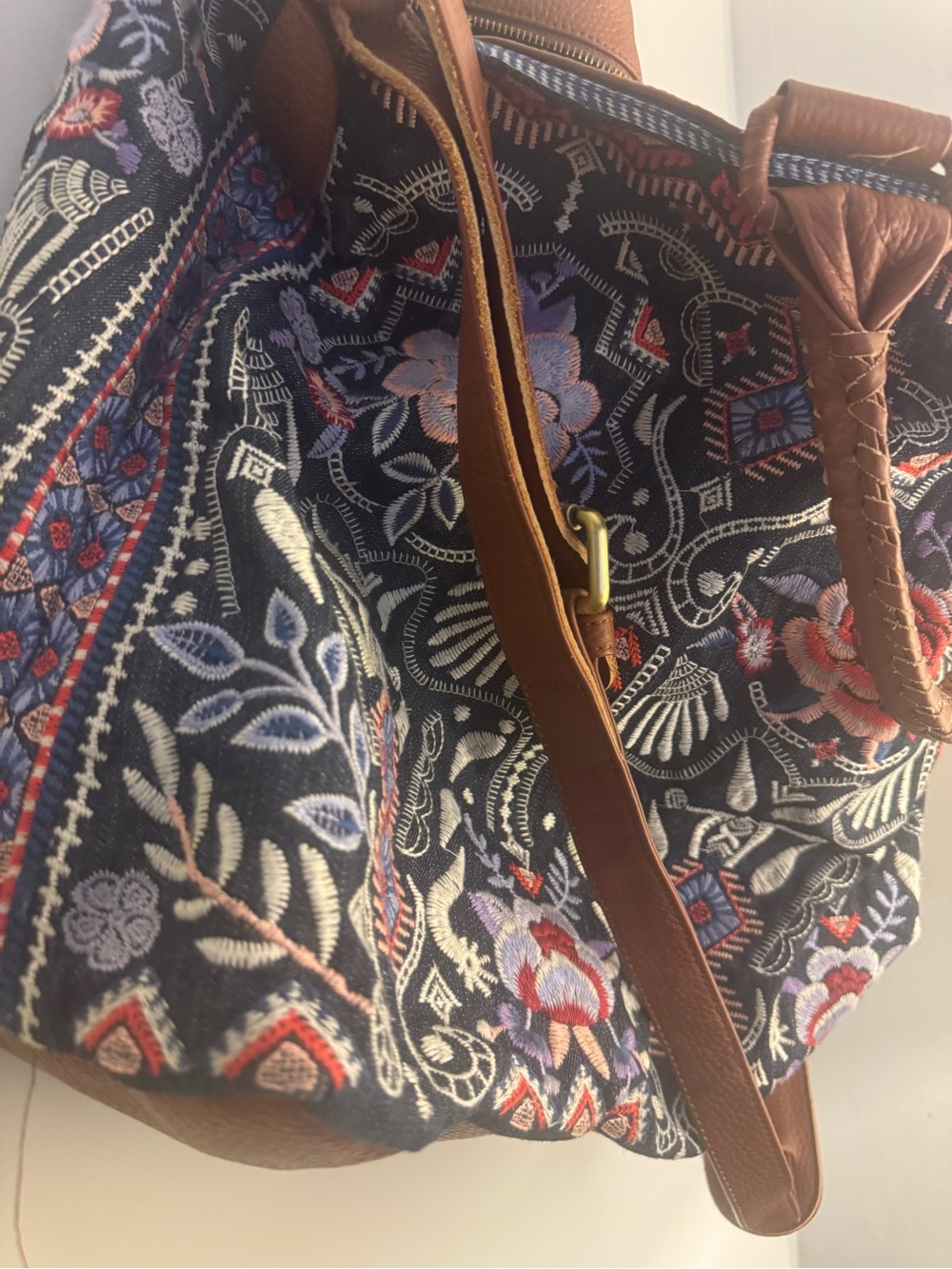 Johnny Was Navy Denim Embroidered Floral Weekender Bag with Brown Trim - Picture 4 of 13